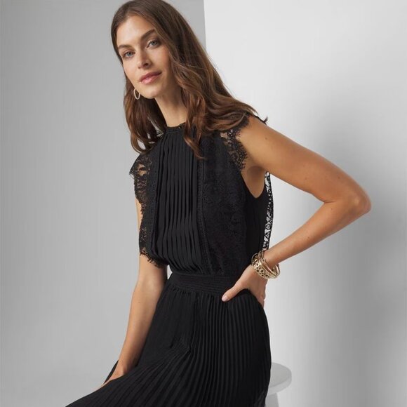 WHBM $200 Cap Sleeve Lace Detail Pleated Midi Dress Black 8 12 - Picture 3 of 11